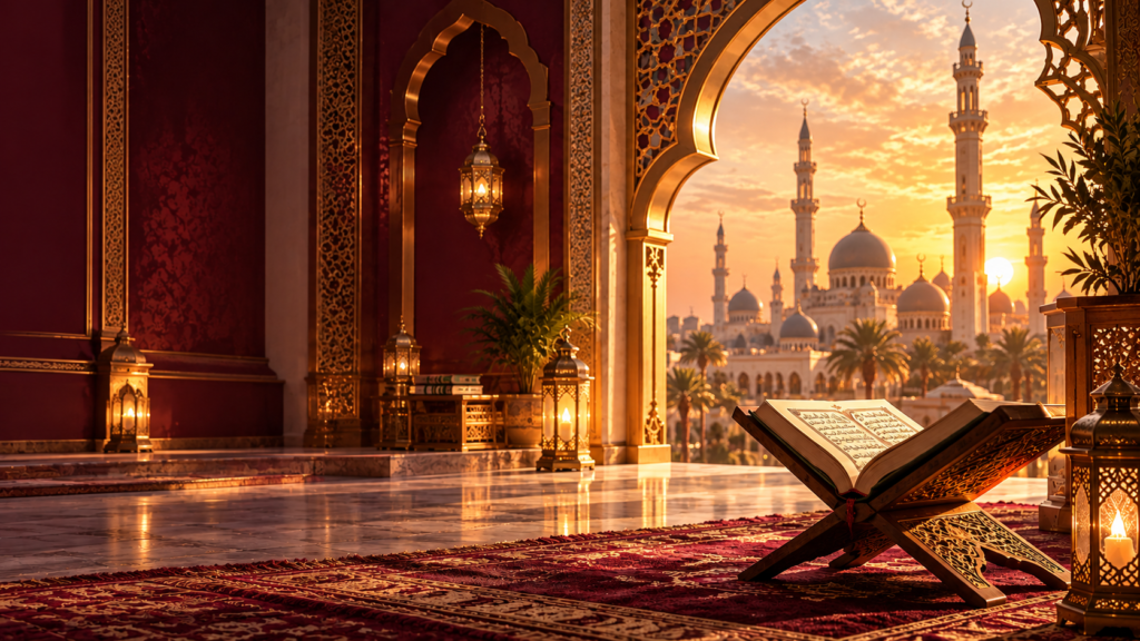 golden hour mosque interior and skyline